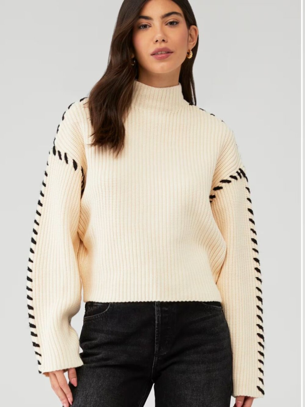 BlankNYC Oversized Whipstitch Mock Neck Sweater NWT Cream Black L